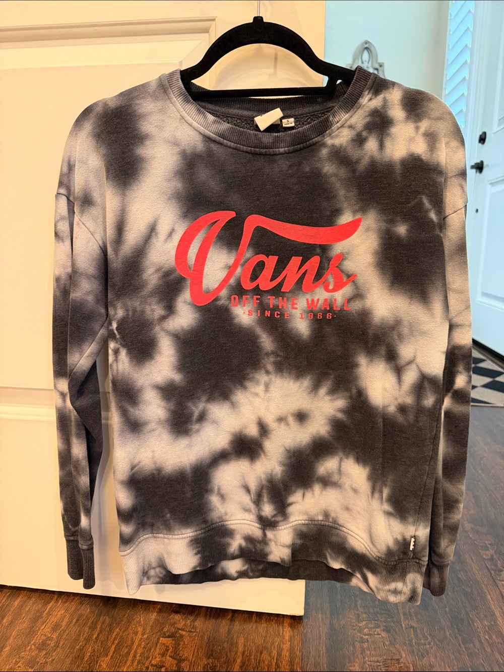 Vans Men’s Black & White Tie-Dye Crewneck with Red Logo